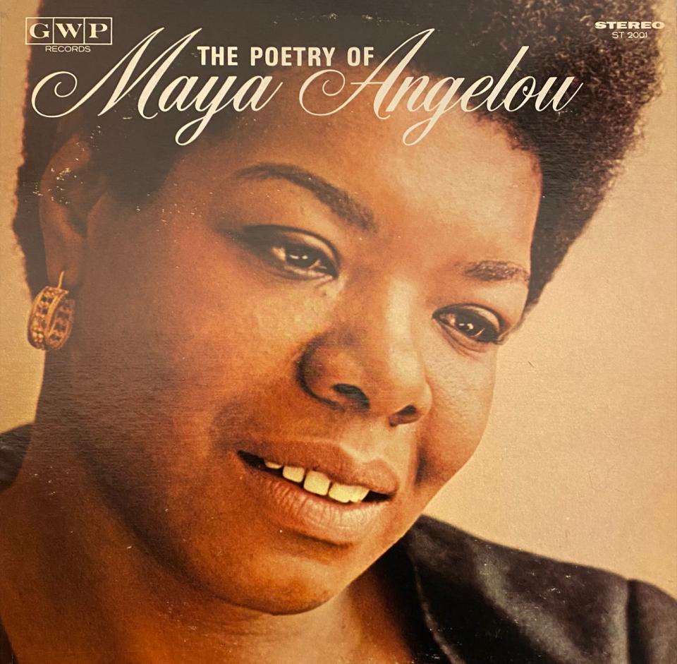 Album cover with the words, “The Poetry of Maya Angelou.” There is a closeup  head shot of the artist. 