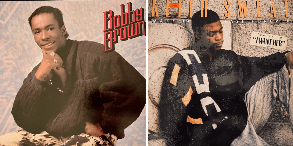 On the left side, an album cover featuring Bobby Brown. His name is in red lettering. On the right side, an album cover featuring Keith Sweat. The photo is a mid-shot. His name is in gold lettering.