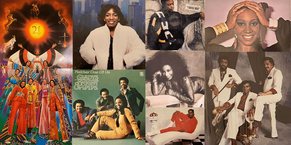 A collage of inside and album artwork by artists such as Earth, Wind and Fire, Stephanie Mills, Gladys Knight and The Pips, Chaka Khan, Bobby Brown, Keith Sweat, Patti LaBelle, and The Isley Brothers