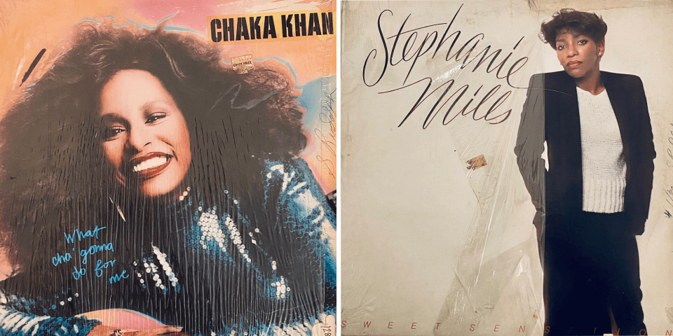 On the left side, a record album in bright colors shows a mid shot of singer Chaka Khan with the word Chaka Khan in black lettering..The right side features a record album cover with Stephanie Mills. It has a white background. She is standing up. The words Stephanie Mills is written in black script-like lettering.