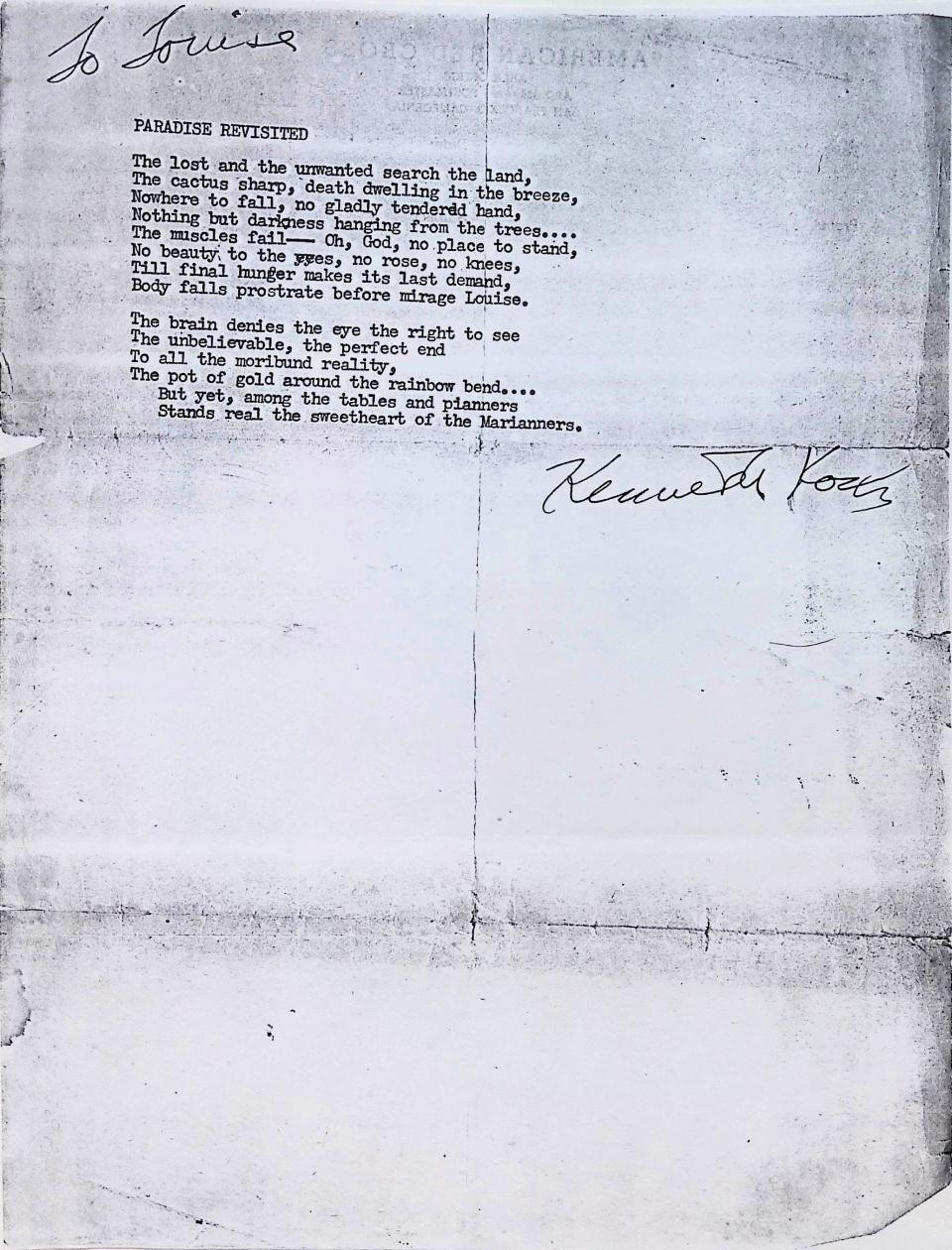 Kenneth Koch, “Paradise Regained” (c. 1945), photocopy of typescript poem