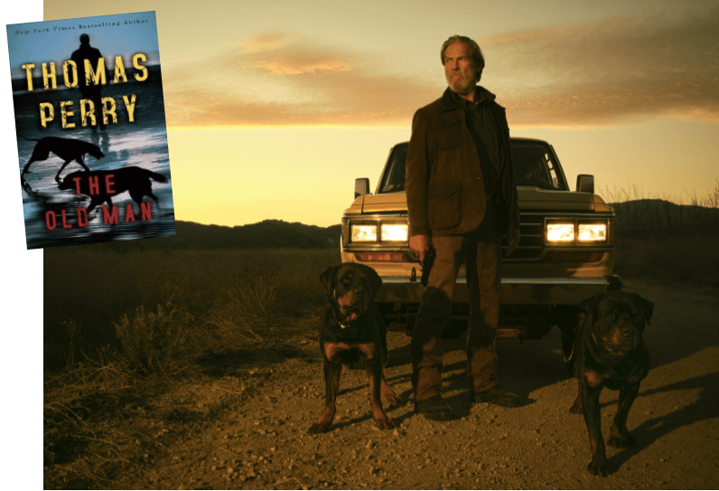 promo image from The Old Man showing a man in a barren landscape with two dogs