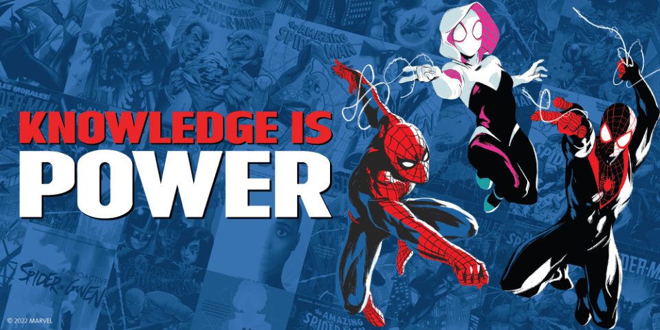 Spider-Man, Gwen Stacy, and Miles Morales swing through the air against a blue comic background alongside the words Knowledge Is Power.