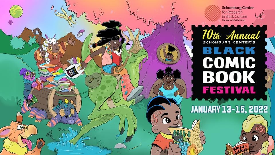 Black Comic Book Festival 2022 graphic. A young girl is riding a dinosaur and holding a tote back with the Black Comic Book Festival logo. Two children are reading comic books. In the background, a young girl is waving from inside a purple tree. There is 