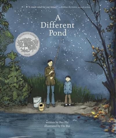 Book cover image with the title A Different Pond showing a boy and his father standing in front of a pond with a starry night behind them