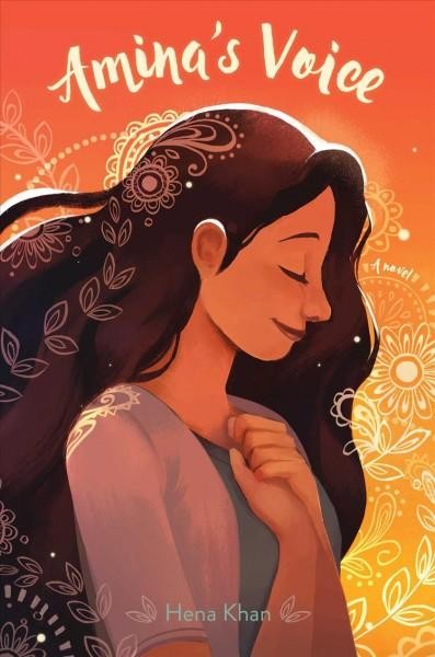 Book cover image with the title Amina's Voice showcasing a girl clasping her hands with long flowing hair against a warm orange background
