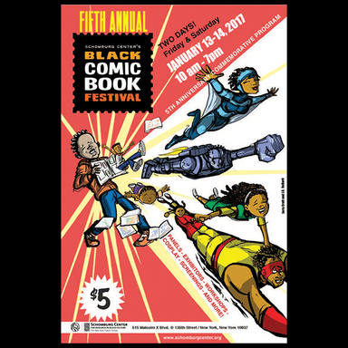 A fifth anniversary comic book created for the Black Comic Book Festival. It features a teenager reading a comic book and three superheroes and a robot flying through the air. 