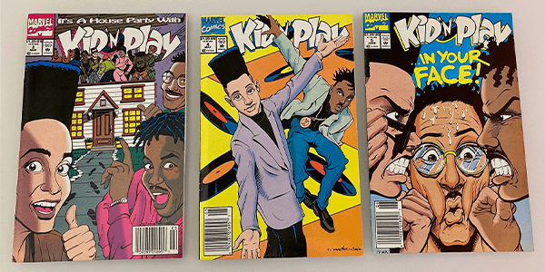 The covers of Marvel comic books featuring the rap duo Kid ‘N Play in animated form.