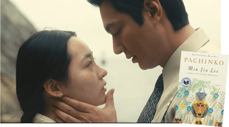 photo of a man and woman looking at each other with faces close together and book cover of Pachinko