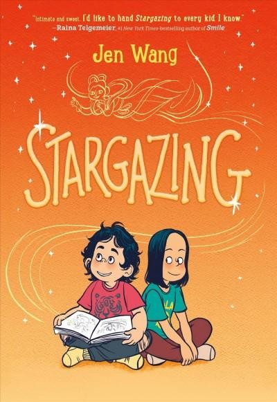 Book cover image with the title Stargazing with two children sitting together underneath the title, one holding a book, against an orange background