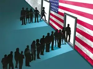 Illustration of a line of people walking through the American flag