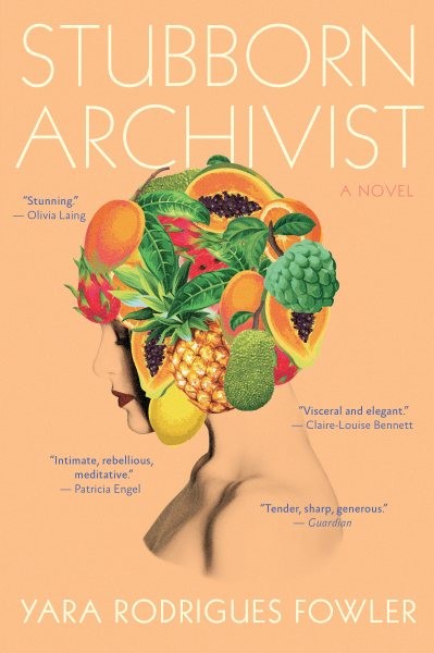 book cover with peach background color and a woman with fruits covering her head