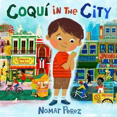 Cover image showing a small boy holding a frog in front of a colorful cityscape