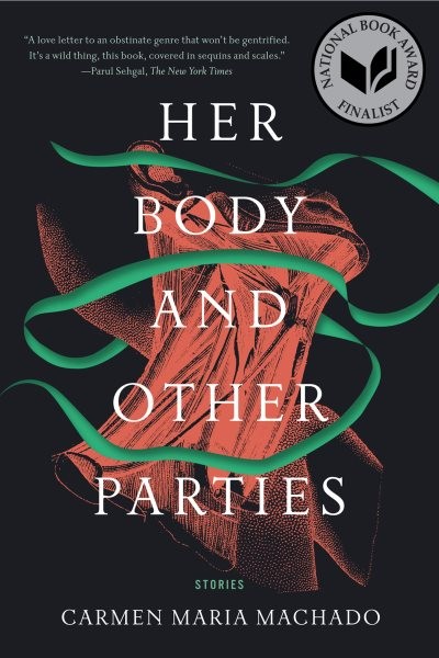 book cover with black background and green ribbon