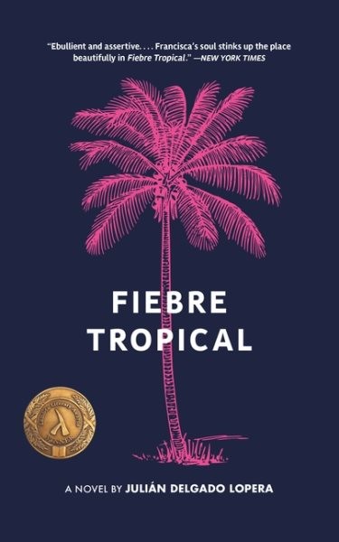 book cover with a dark background and a pink palm tree