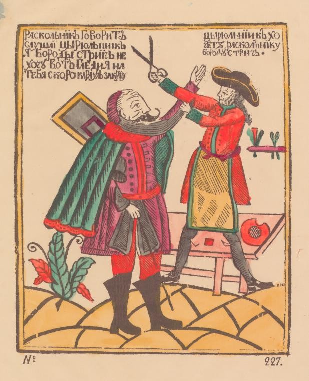 Woodbloc print of two men, one cutting the other's hair