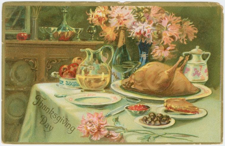 vintage postcard of a turkey and side dishes on a table with text "Thanksgiving day"