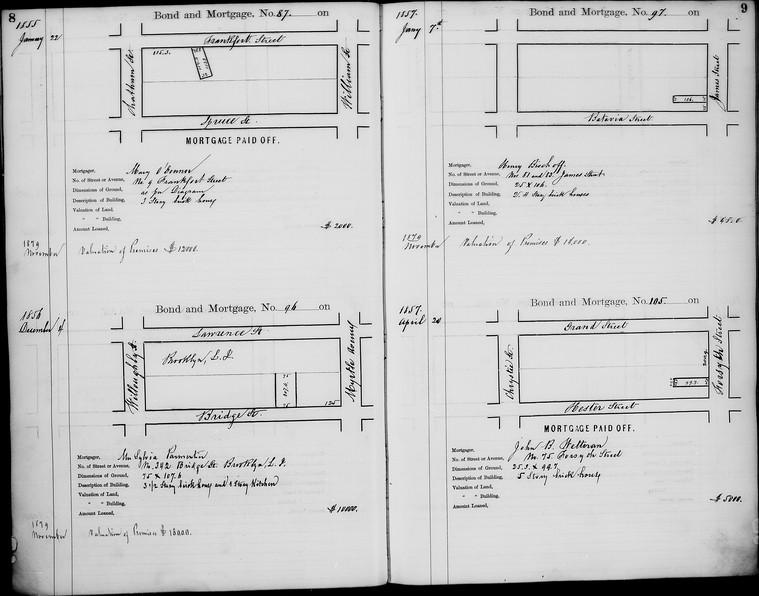 Image of two pages of an Emigrant Savings Bank bond and mortgage record book. 