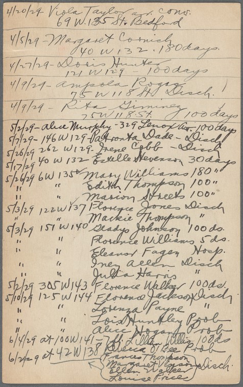 Handwritten chart of arrests and sentencing in Harlem, 1929