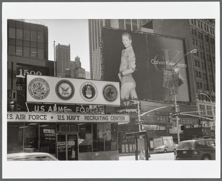 U.S. Armed Forces Recruiting Center and Kate Moss for Calvin Klein Jeans billboard advertisement in Times Square