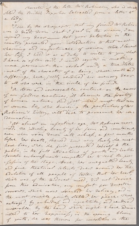 Handwritten manuscript of Character of the late Mary Robinson by Jane Porter