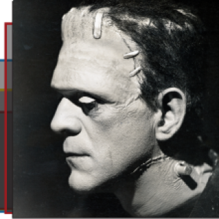 A black and white photo of Frankenstein is shown. The figure is shown in profile looks solemnly away from the camera, a metal bolt protrudes form their neck and large metal stiches can be seen in a scar running along the side of their head facing the camera.  