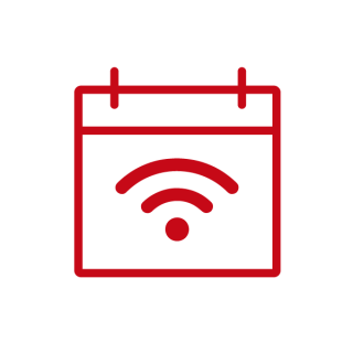 Red outline illustration of a calendar with a WiFi symbol in the center