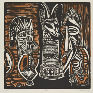 A print by Ademola Olugebefola against a brown and black background. The 1967 work is called Sculpture & Ochre.