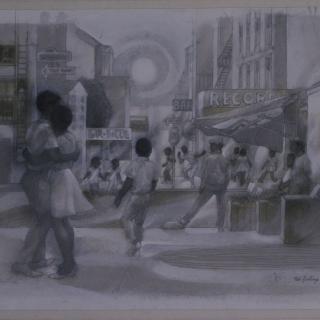 A couple embracing and people standing in front of a store and on the block looking towards the sunset. The 1973 mixed media artwork by artist Tom Feeling is titled Bed-Stuy.