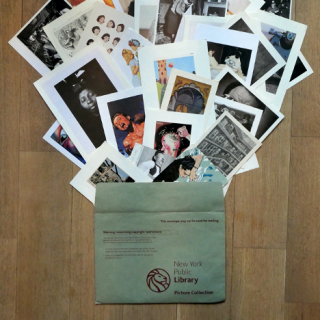 Photos spill out of an NYPL-branded envelope.