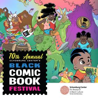 An illustration of people drawn as cartoon character reading books and comic books. Black Comic Book Festival logo on the lower left. 