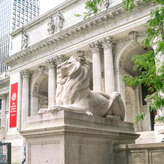 Exterior of the Stephen A. Schwarzman building flanked by greenery and featuring Fortitude the Lion in the foreground. 
