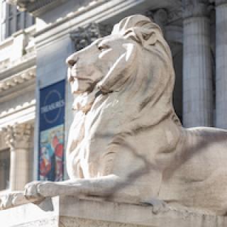 Close-up of Fortitude the Lion outside the Schwarzman Building.