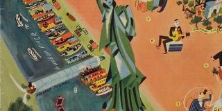 A Stylized Statue of Liberty is shown against a lower west side of Manhattan showing illustrations of differing scales. 