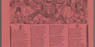 red broadsheet with skeleton caricature wearing a large hat and pants and holding a machete 