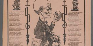 broadsheet with text and caricature of a bald man wearing a suit holding and staring at a skull