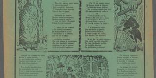 green broadsheet with skeleton caricatures of a man in a suit and woman in a dress and a cemetary scene