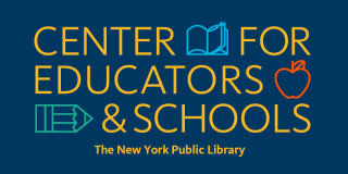 Text: Center for Educators & Schools The New York Public Library. Illustrated book, apple, and pencil