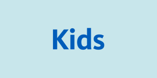 Blue background with bold blue text that reads: Kids.