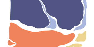 Digital artwork of Upper Manhattan sunset from 1.1.23 at 4:41 PM. It features geometric clouds in shades of blue, orange, purple, and yellow.