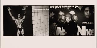 Black and white photograph of woman walking in the subway, next to whom there is a poster portraying Arnold Schwarzenegger