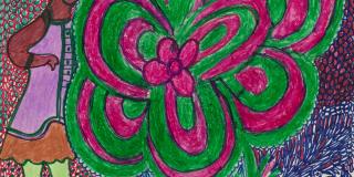 Image of mixed media artwork on paper by Nellie Mae Rowe entitled, "Red and Green Flower in Vase" 