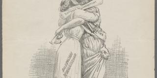 Poster with the title "The Suffragist" at the top. Below, two women are hugging. The one on the left represents "American Womanhood" and the one on the right "Justice". They are connected by the "Suffrage Amendment"