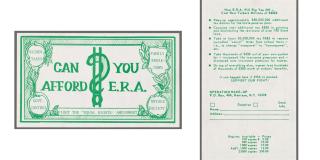 Flyer that is shaped and designed like a dollar bill, stating "Can you afford the ERA'.
