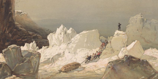 Illustration of arctic ice, through which a group of explorers is dragging a sledge and a single figure is standing at the top watching over the horizon