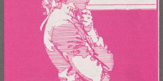 Cover of flyer, printed in pink and white, titled "To Manipulate a Woman", along an illustration of a young woman thinking and including two roses on the bottom.
