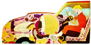 Colorful tapestry of woman in red jumpsuit driving a car