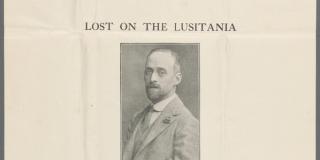 Poster with inset photo of Hugh Lane with header "Lost on the Lusitania Hugh Lane"