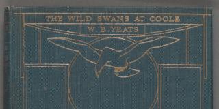 blueish-green book cover with geometric gold imprint which includes swans flying at top and bottom of cover