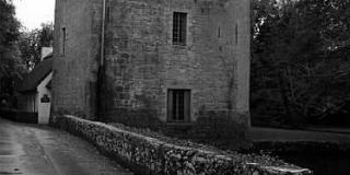 black and white photography of a castle and road with stone wall leading to castle